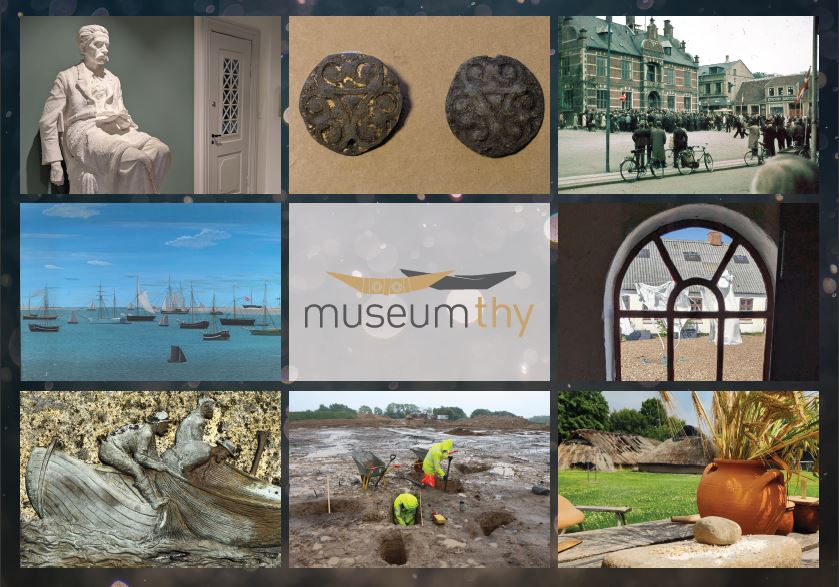 Julekort med Museum Thys logo og otte illustrationer fra Thy.